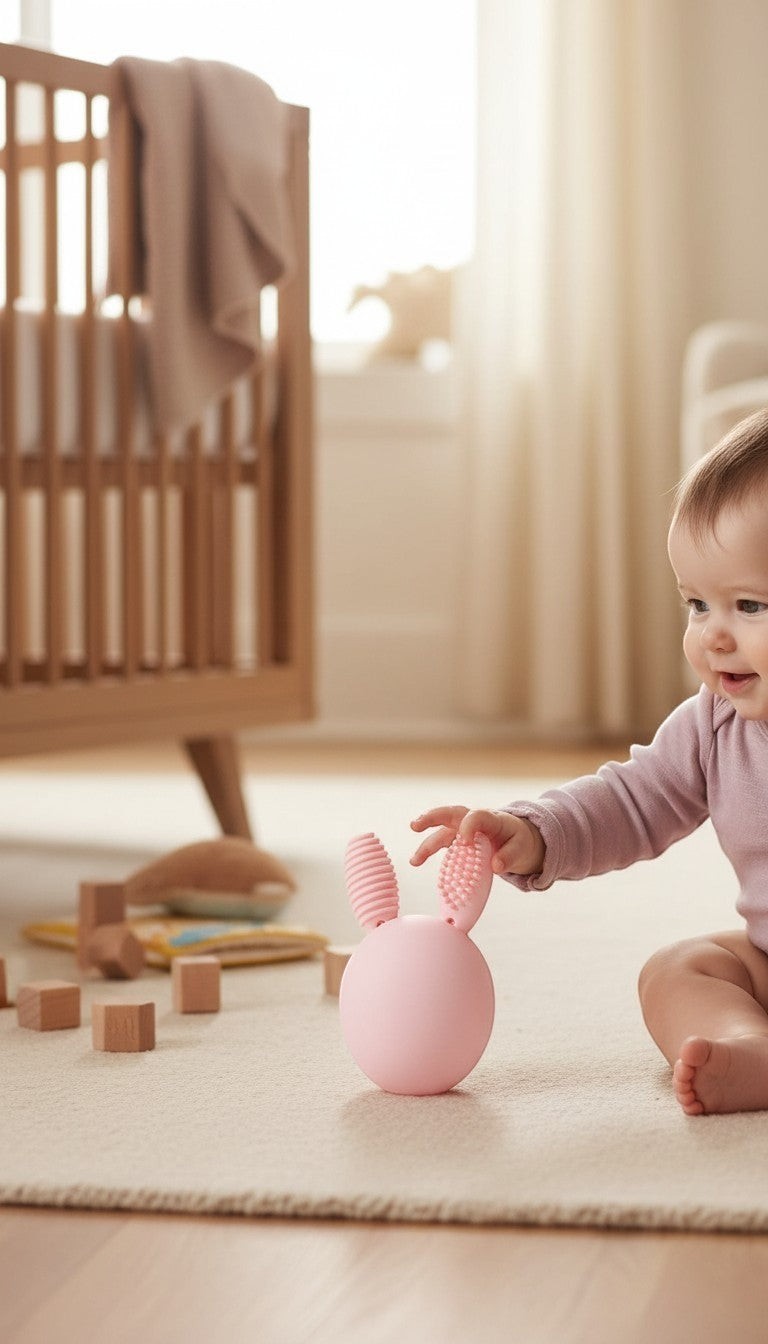 Bunny Eggy Teether Baby Teething Toy Rabbit Egg Rattle Toy Teething Pain Relief for Babies Boys Girls - Pink