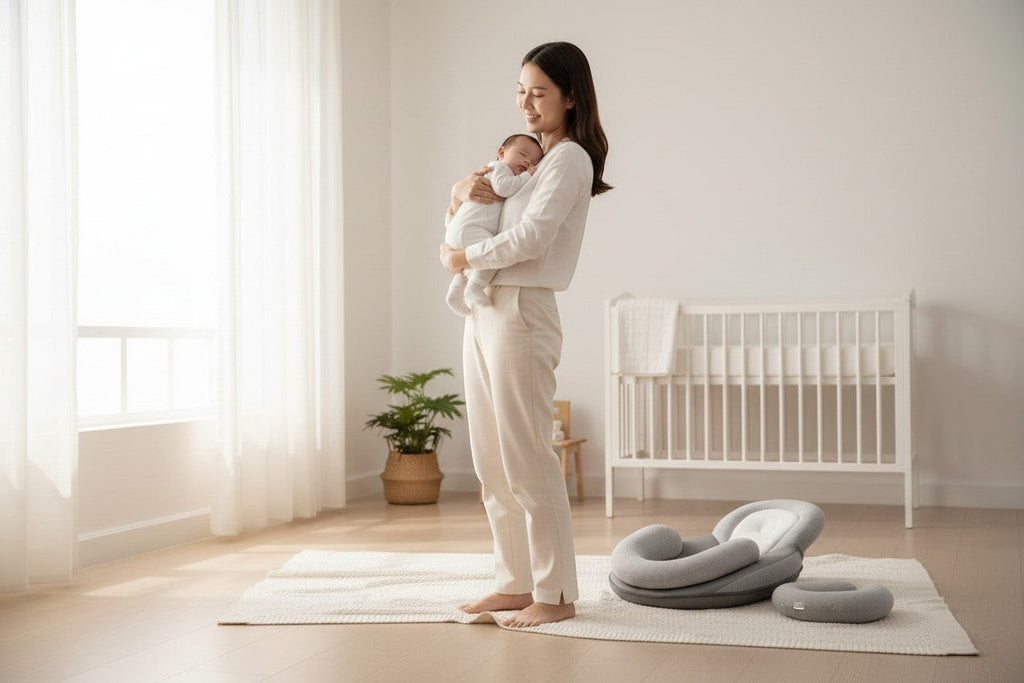 SwiftCart grey memory foam baby anti-spit up pillow with 15° incline, designed for comfort and digestion.